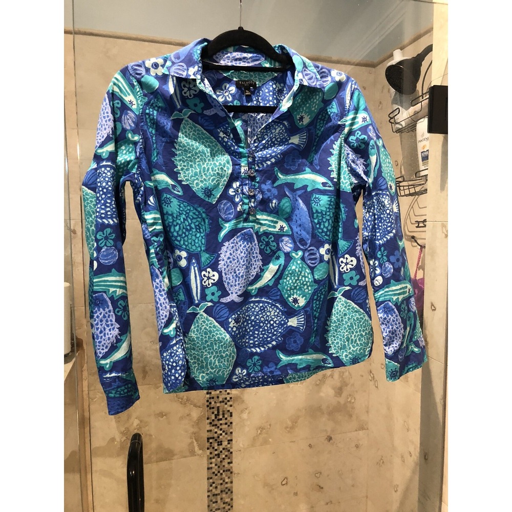 Talbots Petites Medium MP Blue Green Fish Nautical Long Sleeve Blouse Top